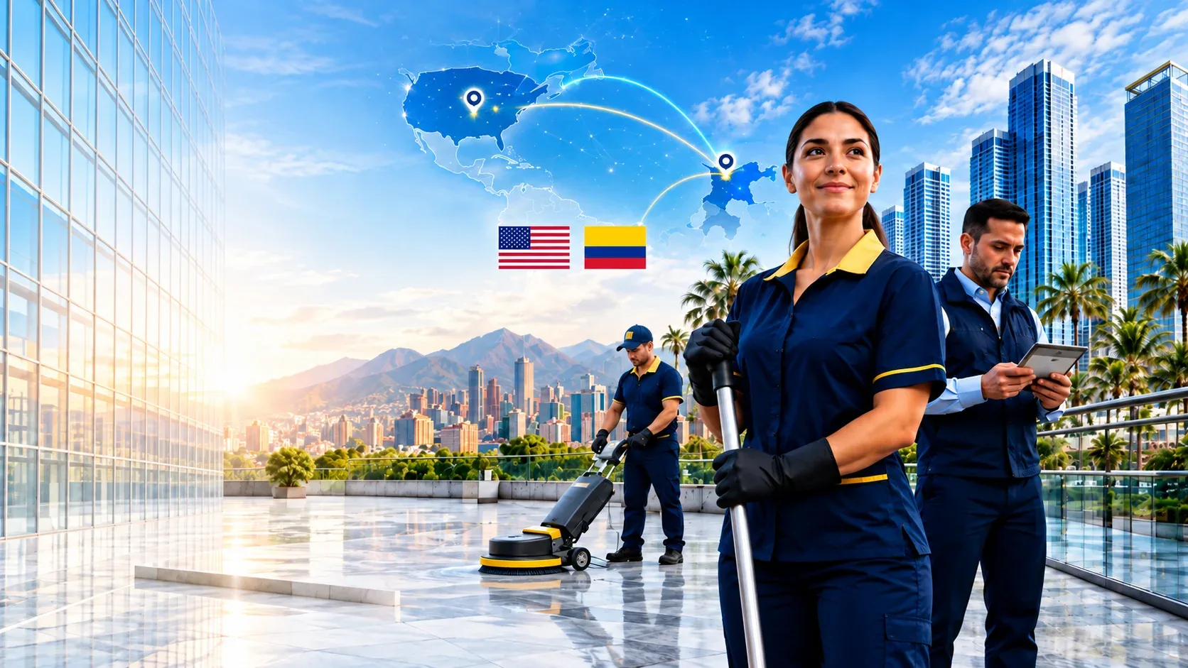 Equipo de limpieza y supervisión con una composición de Colombia y Estados Unidos y las banderas de ambos países